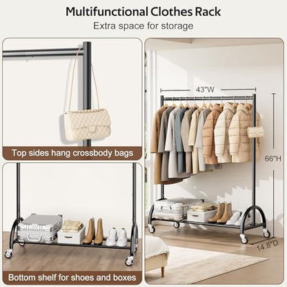 MISSLO Heavy Duty Clothing Rack with Wheels Rolling Clothes Racks for Hanging Clothes, Coats, Garment, Dress, Black - color: Black, size: 43"W x 14.8"D x 66"H (Large)