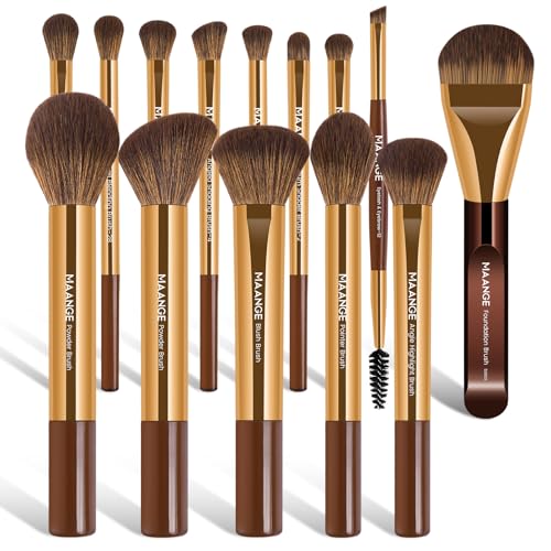 MAANGE 14-Piece Makeup Brush Set with Aluminum Ferrule- Premium Synthetic Makeup Brushes Kit Foundation Powder Brush Eye Shadow for Beginners & Professionals(Gold Coffee) - color: Gold Coffee