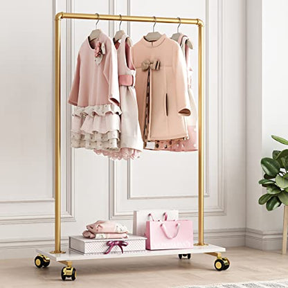Gold Metal Clothing Rack with Wood Shelf, Heavy Duty Rolling Garment Rack with Wheels for Bedroom Retail Boutique Use (37.4L inches) - style: single-small