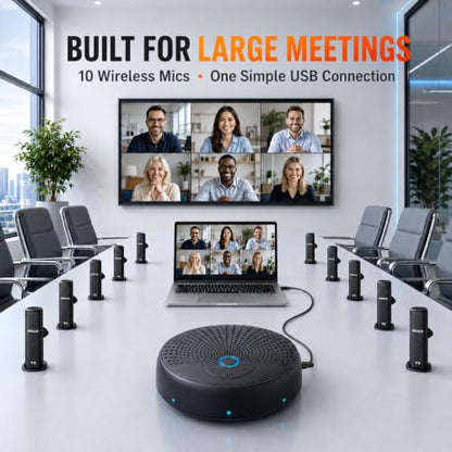 CM300 Conference Speaker with 10 Wireless AI Mics, 360° Pickup, 65FT Range, Noise Reduction, Echo Cancellation, Full Duplex USB Speakerphone for 10-Person Meetings, Zoom and Microsoft Teams - color: Black