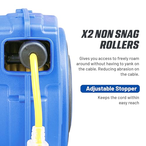 Goodyear Extension Cord Reel Retractable 16AWG x 50' Foot 3C/SJTOW Commercial Cable LED Triple Tap Connector Power 10A 125VAC 938W | 3C/SJTOW Commercial Cable LED Triple Tap Connector Power 10A 125VAC 938W