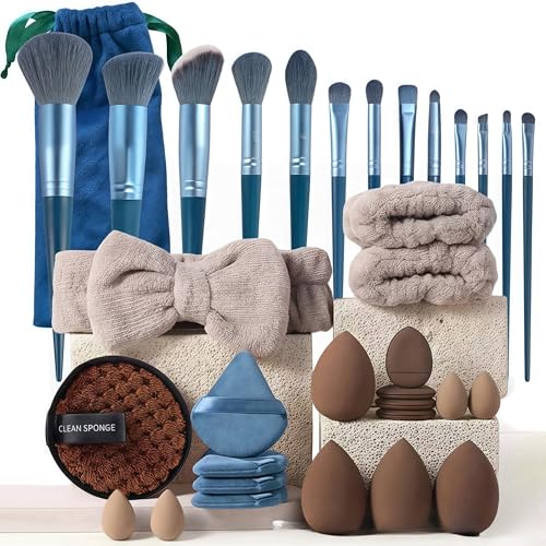 Makeup Brush Set 33 Pcs Makeup Tool Set Premium Synthetic Foundation Powder Concealers Eye shadows Blush Makeup Brushes (blue, 33 Piece Set) - color: BLUE