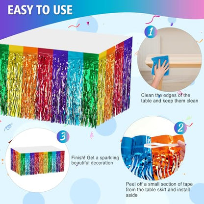 2 Pack 29.5x108 Inch Foil Tinsel Fringe Table Skirts, Disposable Table Skirts for Rectangle Tables Curtains Backdrop Parade Wedding Floats Baby Shower Party (Rainbow Colors) - color: Rainbow Colors