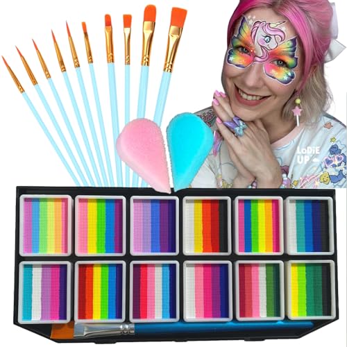 Face Painting Kit, 12 Split Cake Face Paint Palette Makeup Kit Non-Toxic Water Activated with Brush, Sponge for Party Halloween (12 Split Cakes) - color: 12 Split Cakes