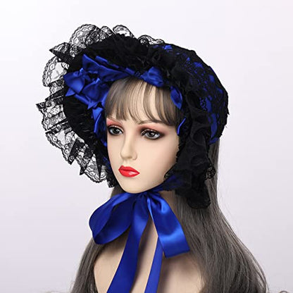 COSDREAMER Girls Women Victorian Bonnets Lace Flowers Tea Party Hats - color: Black Blue