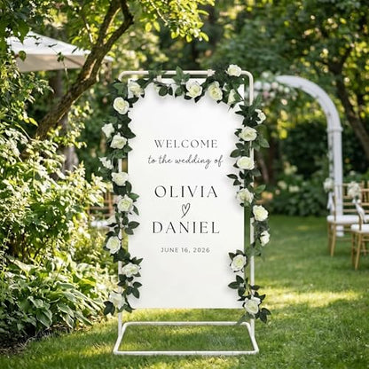 Wedding Welcome Sign Stand Fabric Banner Stand With Design Bundle Rose Vine | Linen Sign Holder Easel Stand for Sign Poster, Bridal Baby Shower With Stand Adjustable Welcome to Our Wedding, White - color: White