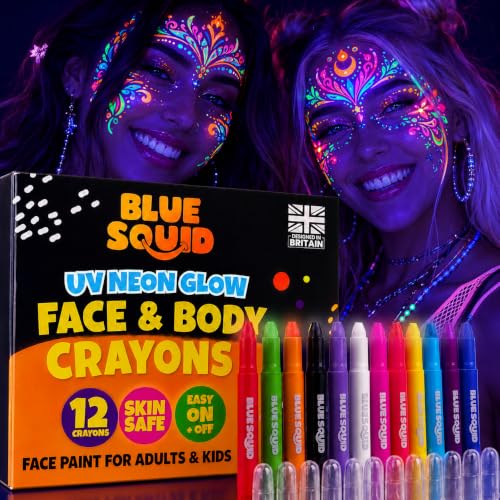 Blue Squid UV Neon Body Crayons - 12 Vibrant Colors Twistable & Washable Face Paint Sticks - Face Painting Kit for Kids Party, Halloween, Belly Painting Kit Pregnancy, Makeup Body Paints for Adults - size: UV 12 Body Crayon