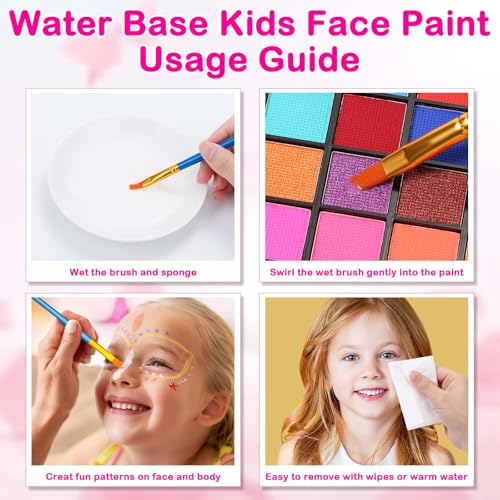 Professional Face Painting Kit for Kids and Adults – 54 Color Water Activated Cosplay Makeup Kit, Non-Toxic Body Paint with Stencils, Gems, Brushes– for Halloween FX, Bday Parties, School Event