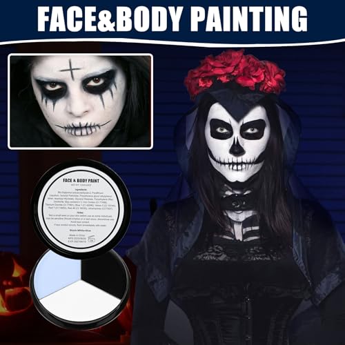 White Black Blue Halloween Face Body Paint with 3PCS Sponge and 1PC Brush, for Baseball, Sports(Eye Black) & Halloween, Face Painting Kit for Skeleton Skull Makeup, Cosplay, SFX Costumes - color: White+Black+Blue
