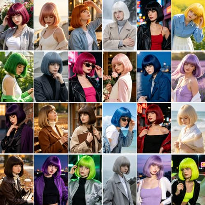 Short Bob Straight Hair Wigs with Bangs, Synthetic Fiber Colorful Hair, Cat Eye Glasses for Women (Blue-Purple) - color: Blue-Purple