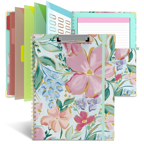 Clipboard Folio with Storage 8.5 X 11 Padfolio Notebook, Clipboards with Notepad Spiral with 10 Pockets and 5 Folders Nursing Teacher School Essentials (Pink Floral) - color: Pink Floral