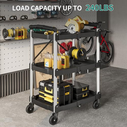 YITAHOME 3-Tier Folding Utility Cart with Wheels (2 Brakes), 240lbs - size: 240 LBS with 23.03" L x 15.35" W x 32.6"H