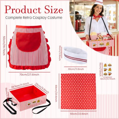 5Pcs Adult 1950s Waitress Costume Kit for Women Retro Soda Jerk Circus | Movie Night Carnival Worker Costume Set with Striped Apron Hat Polka-dot Scarf Snack Tray for Halloween 50s Party Cosplay