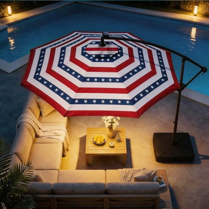 10 FT Solar LED Cantilever Patio Umbrella with Base, Stars and Stripes | Premium 220GSM Solution-Dyed Fabric, 5-Year Fade-Resistant, 30 MPH Windproof, 45° Infinite Tilt and Crank for Outdoor Pool - color: Stars and Stripes Style