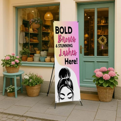 DreamController Lashes & Brows X-Stand Banner by DC | 30"x65" Tripod Display | Bold Brows Stunning Lashes Here Vertical Banner for Trade Shows & Events | Made in USA | (Stand Not Included) - color: Bold Brows Stunning Lashes Here, size: X Banner - 30x65"