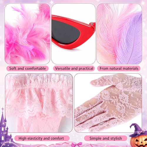 Huwena 8 Pcs Feather Boa Costume Accessory Set for Women Halloween Costume | Pink Feather Boa Pearl Necklace Sunglasses Lace Gloves Socks Butterfly Clips for Cosplay Party Wedding Tea