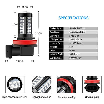 H8 H9 H11 LED Fog Light Bulbs DRL 2800 Lumens Xtreme Super Bright 5730 33-SMD 12V LED Bulbs Replacement for Cars, Trucks, 6000K Xenon green - color: green