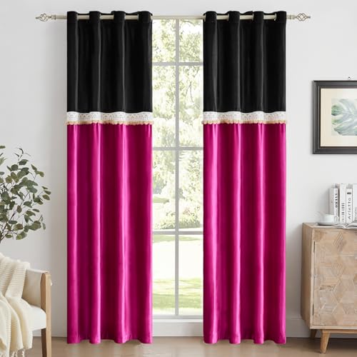 GIGIZAZA Boho 84 Inches Long Curtains 2 Panels for Living Room Black HotPink Farmhouse Velvet Elegant Window Blackout Curtain Drapes Lace Pom Pom Embroidered Curtains - color: Pom Pom/Black+hot Pink, size: 52"W x 84"L (Pack of 2)