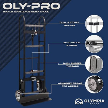 Olympia Tools 800LB Auto-Recoil Appliance Hand Truck - Moving Hand Truck with Easy-to-use Belt Tightener for Transport Large/Bulky Appliances Refrigerator Dolly - Heavy-Duty Furniture Dolly Trolley - size: 800 LB Auto-Recoil Appliance Hand Truck
