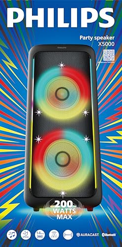 Philips TAX5000 Bluetooth Party Speaker - 14 Hours Play Time, Bass+, Full-Speaker LIghtshow, Built-in Carry Handle and Wheels, 200W Max Power, Black