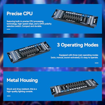 MINGJIE DMX512 Controller, 192 Channel Stage Lighting Console | Sound Activated Mode, 30 Programmable Scene Banks, LED Display and Cable Included for DJ, Club, Stage and Live Events