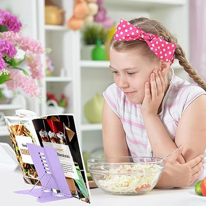 Honagu Small Book Stand Book Holder Metal Desk Book Stand for Reading Hands Free, Adjustable Cookbook Documents Holder, Portable Bookstand for Music Books, Textbook, Recipe, Tablet, Ipad (Purple) - color: Purple