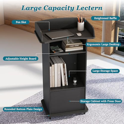 Podium Stand with Metal Wheels Wooden Lectern Podium Stand Portable Pulpit Standing with Storage Mobile Reception Podiums Desk for Church Office School Conference Restaurant Meeting, Black - color: Black