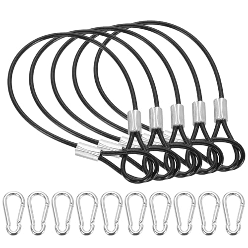PATIKIL 9 Inch Safety Cable Lock, 5 Pcs 304 Stainless Steel Security Wire Ropes Double Loop Anti-Theft Safety with 10 Spring Buckles for Bicycles Luggage Stage Lighting, Black - color: Black, size: 9 Inch