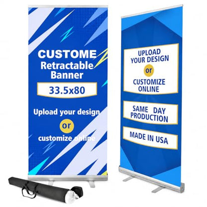 Custom Retractable Roll-Up Banner Stand with Black Carrying Bag, Silver Aluminum Display，Custom Banner for Trade Show Exhibition, Business Events & Store Displays, 33.5" x 80" (Printing Included) - size: 33 ½" x 80 inch (Printing Included)