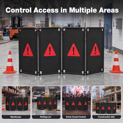 Sintuff 4 Panels 7.8ft Safety Barricade, Foldable Portable Privacy Screen, 39 x 92" Heavy-Duty PVC Frame with Black Oxford, Warning Sign Barrier for Crowd Control and Restricted Areas Traffic Fence