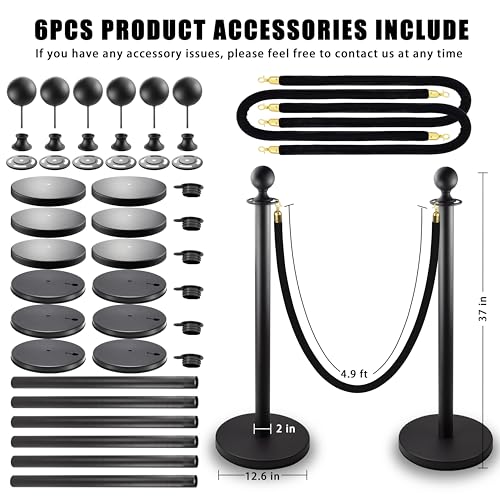 Black Stanchions and Velvet Ropes 6pcs Stainless Steel Posts | 4pcs 5ft Black Velvet Ropes Crowd Control Barriers with Durable Refillable Base for Wedding, Party & Exhibition Events - color: Black, size: 6 PCS