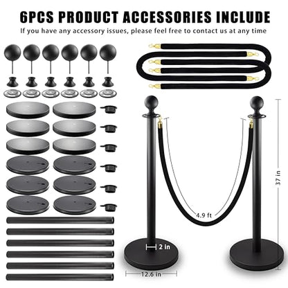 Black Stanchions and Velvet Ropes 6pcs Stainless Steel Posts | 4pcs 5ft Black Velvet Ropes Crowd Control Barriers with Durable Refillable Base for Wedding, Party & Exhibition Events - color: Black, size: 6 PCS