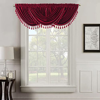 Royal Hotel Velvet Waterfall Valance, 1 Single Waterfall Valance, Top Rod Pocket Heavyweight Velvet, Burgundy, 57 inches Wide by 37 inches Long (Single) - color: Burgundy