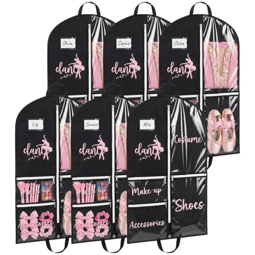 6 Pack Dance Garment Bag 40 Inch Hanging Dance Dress Bag with Clear PVC Pockets Costume Storage Bags Foldable Travel Garment Cover for Girls Ballet Recital Competition Daily Storage