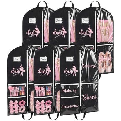 6 Pack Dance Garment Bag 40 Inch Hanging Dance Dress Bag with Clear PVC Pockets Costume Storage Bags Foldable Travel Garment Cover for Girls Ballet Recital Competition Daily Storage