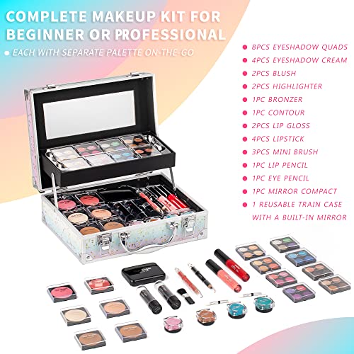 Hot Sugar Makeup Kit Starter Gift Set with Train Case for Teens (Rainbow) | Complete beauty cosmetics set with reusable rainbow makeup box. Includes pigmented eyeshadow palette, blush and lipstick. - color: Rainbow