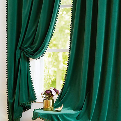 Christmas Green Velvet Curtains for Living Room 63" Pom Pom Room Darkening - color: Pom Pom- Christmas Green, size: 42"W x 63"L (Pack of 2)