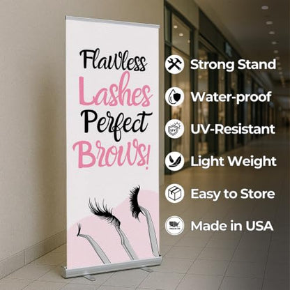 Lashes & Brows Retractable Stand Banner by DC | 33"x81" Roll-Up Display | Flawless Lashes Perfect Brows Vertical Pull-Up Banner for Trade Shows & Events | Made in USA | (Stand Not Included) - color: Flawless Lashes Perfect Brows, size: Retractable Banner