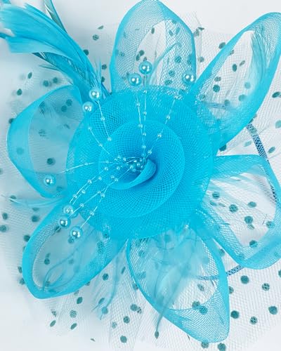Fascinator Tea Party Hat Women 20s 50s Wedding Cocktail Flower Mesh Feathers Hair Clip for Carnival Halloween - color: A-lake Blue