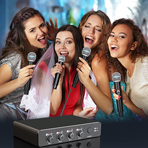 Depusheng R4 Karaoke Wireless Microphones Professional 4 Channels Handheld Wireless Microphone System Metal Dynamic Mic for Karaoke Singing, House Party, Church, Performance - style: 4 Handheld mic