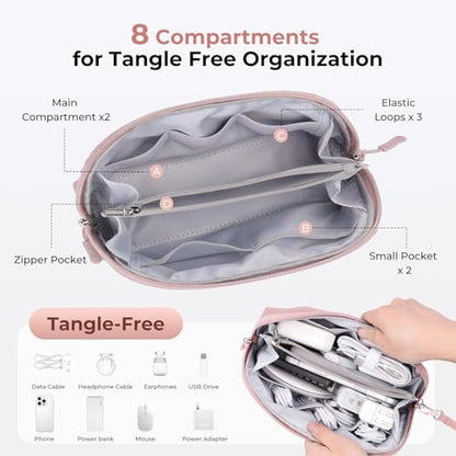FYY Travel Cable Organizer - 8 Compartments, Lightweight, Water Repellent - color: Pink, size: (L) 9.6"× 5.5"× 3.7"