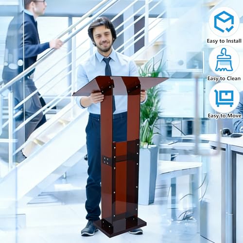 Acrylic Podium Stand 45.5" with Storage Shelf, Modern Amber Lectern Professional Presentation Podiums with Reading Platform for School, Classroom, Weddings, Conference, Concert, Events, Church - color: Amber