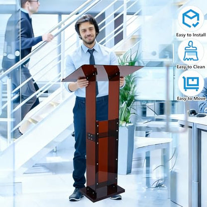 Acrylic Podium Stand 45.5" with Storage Shelf, Modern Amber Lectern Professional Presentation Podiums with Reading Platform for School, Classroom, Weddings, Conference, Concert, Events, Church - color: Amber
