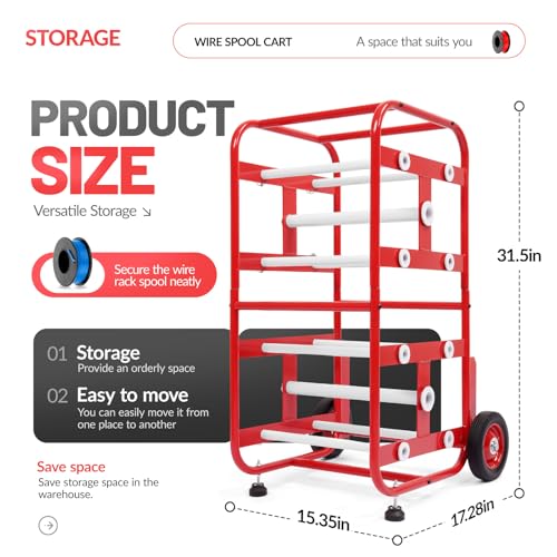 15X17X31" Wire Spool Holder Cart, Portable Wire Rack Dispenser with | Wheel, Display & Storage for Electrical Industrial & Retail Use - 10 Rods Red Powder Coated - color: Red