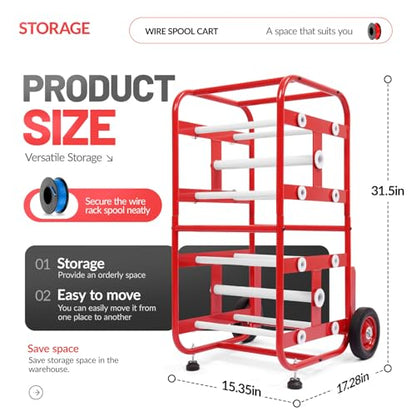 15X17X31" Wire Spool Holder Cart, Portable Wire Rack Dispenser with | Wheel, Display & Storage for Electrical Industrial & Retail Use - 10 Rods Red Powder Coated - color: Red