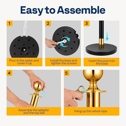 VIVOHOME Black Stanchions and Velvet Ropes, 5 Feet Ropes and 39 Inch Posts | 6PCS Iron Post with Water-Fillable Leakproof Base, Easy Tool-Free Assembly, Red Carpet Poles for Wedding, Prom & VIP Events - color: Black and Golden