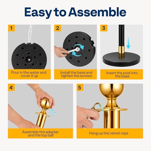 VIVOHOME Black Stanchions and Velvet Ropes, 5 Feet Ropes and 39 Inch Posts | 6PCS Iron Post with Water-Fillable Leakproof Base, Easy Tool-Free Assembly, Red Carpet Poles for Wedding, Prom & VIP Events - color: Black and Golden
