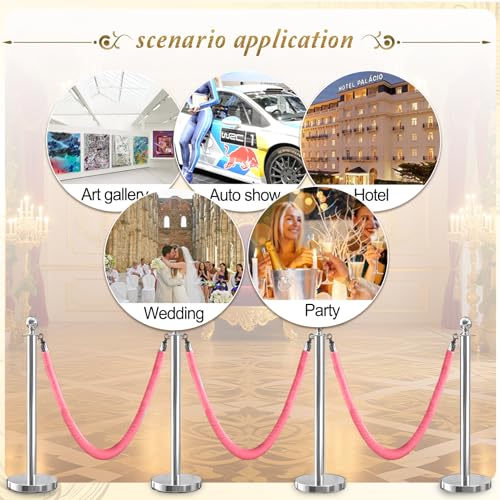 4PCS Pink Velvet Stanchion Rope 5 Ft Crowd Control Ropes Barrier with Silver Hooks for Party - color: Pink&Silver, size: 4PCS