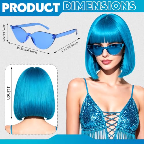 Short Bob Straight Hair Wigs with Bangs, Heat Resistant Fiber Hair, Cat Eye Glasses for Women (Sky Blue) - color: Sky Blue