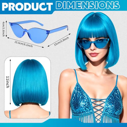 Short Bob Straight Hair Wigs with Bangs, Heat Resistant Fiber Hair, Cat Eye Glasses for Women (Sky Blue) - color: Sky Blue